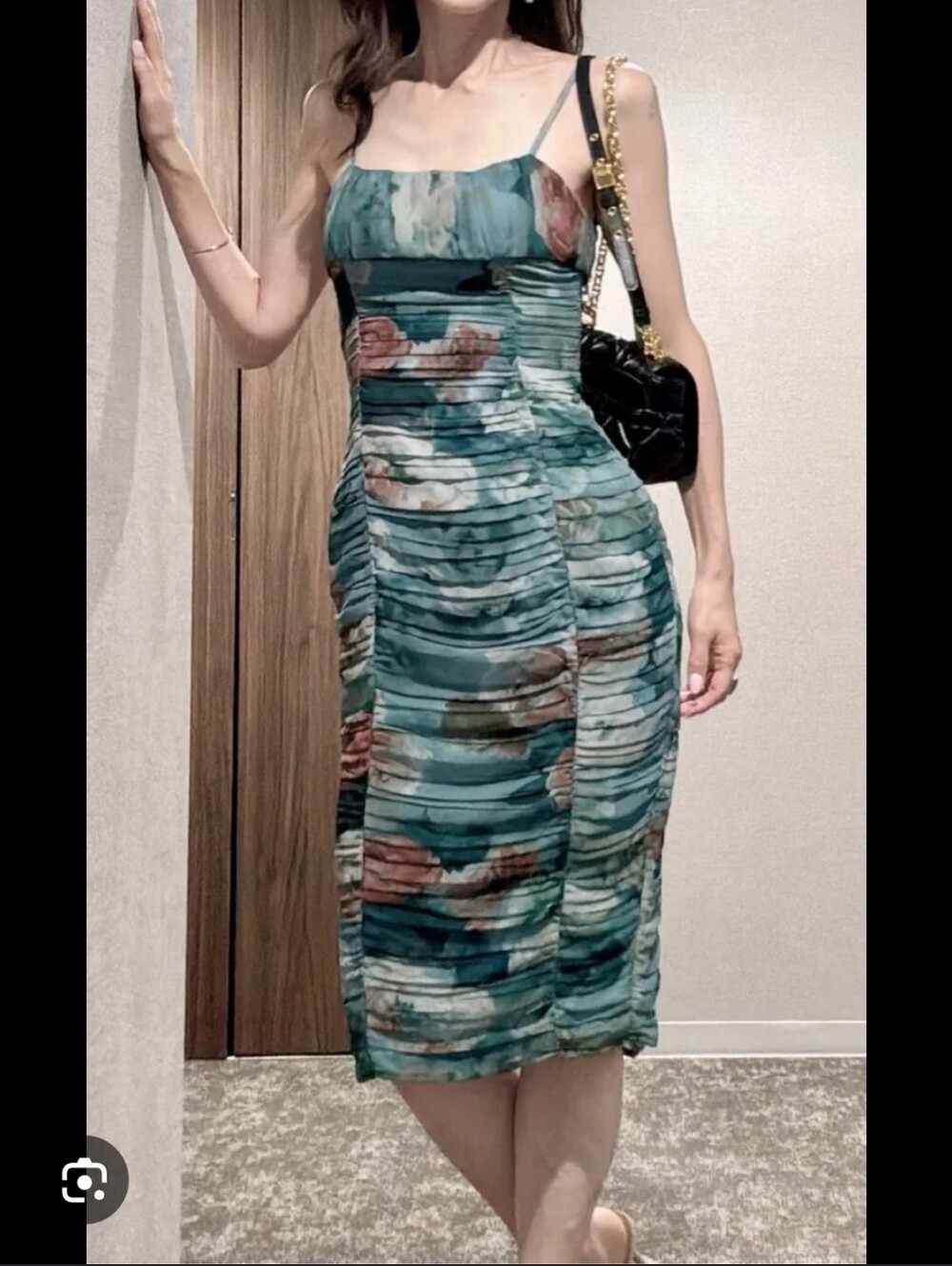 Zara Blue-Green Floral Ruched Midi Dress - Picture 2 of 16